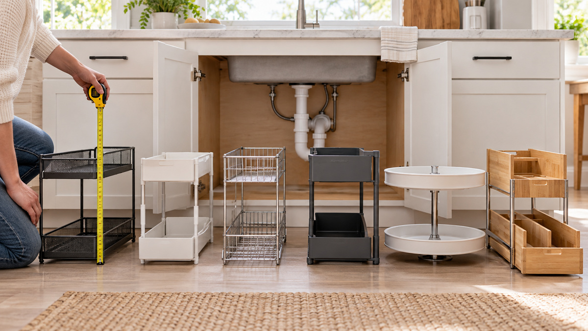 Six under-sink kitchen organizer formats arranged for cabinet planning.