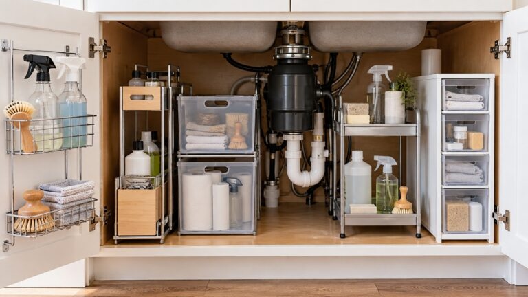 Five under-sink storage solutions arranged around a kitchen garbage disposal.