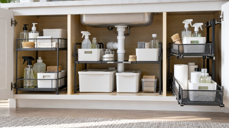 Several wire rack organizer configurations compared inside a clean under-sink cabinet.