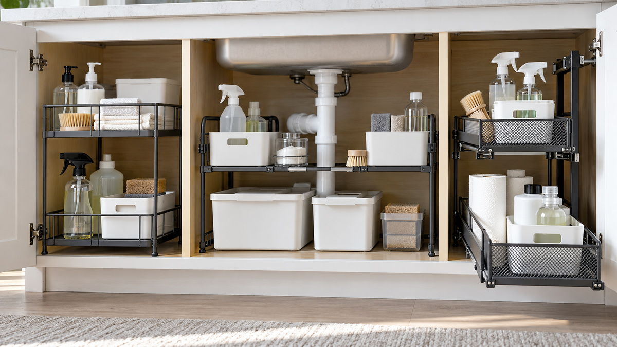 Several wire rack organizer configurations compared inside a clean under-sink cabinet.