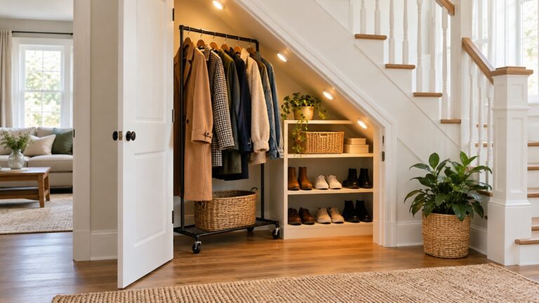 A low under-stairs closet with angled rod, rolling coat rack, and puck lights showing organized coats and shoes.