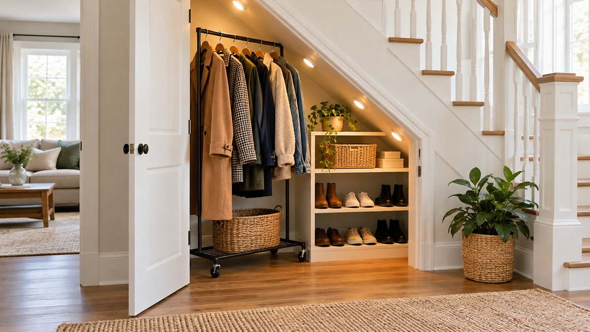 A low under-stairs closet with angled rod, rolling coat rack, and puck lights showing organized coats and shoes.
