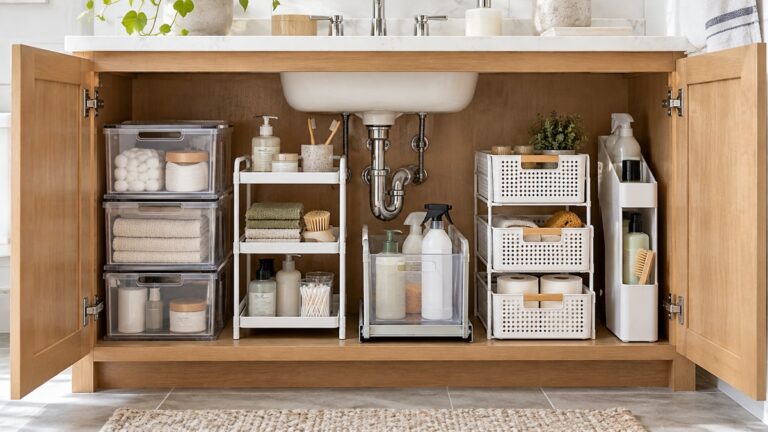 Five bathroom sink organizer ideas fitted neatly around exposed plumbing.