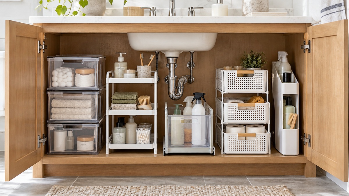Five bathroom sink organizer ideas fitted neatly around exposed plumbing.