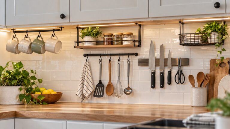 Practical under-cabinet storage ideas in a bright modern kitchen.