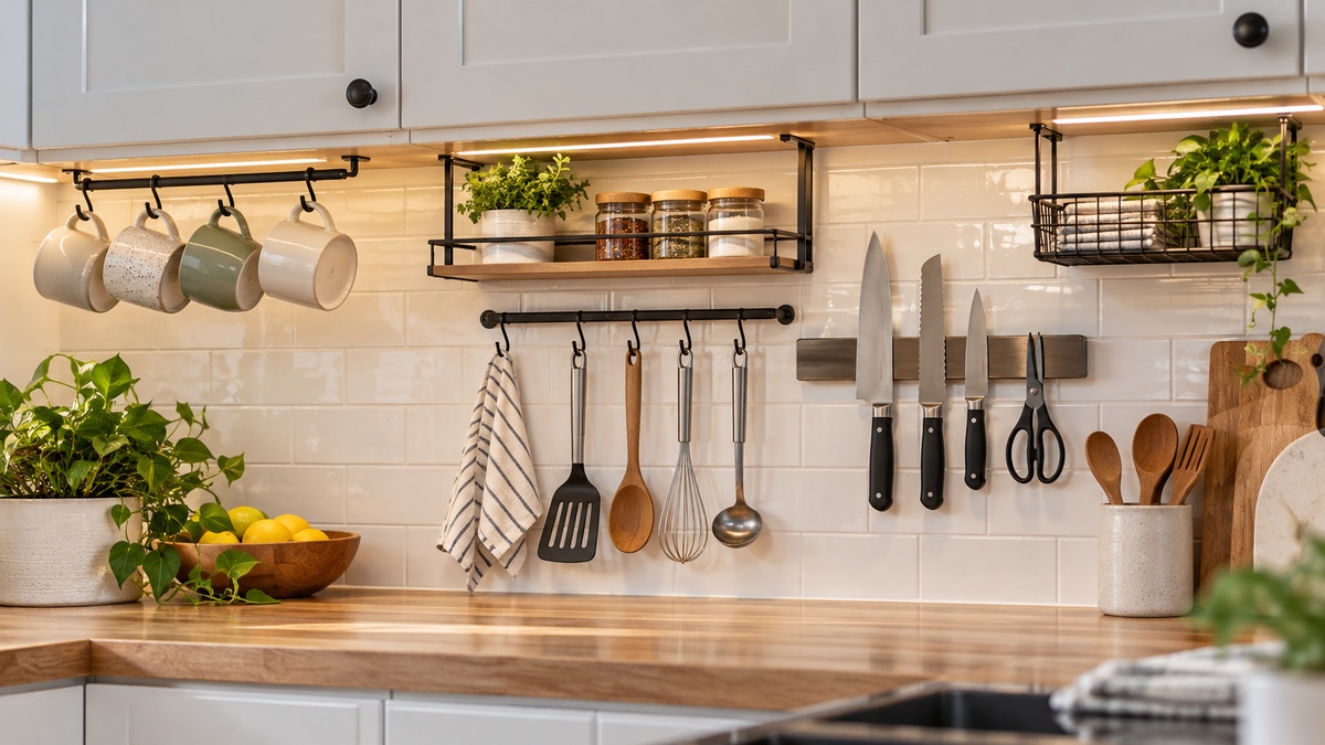 Practical under-cabinet storage ideas in a bright modern kitchen.