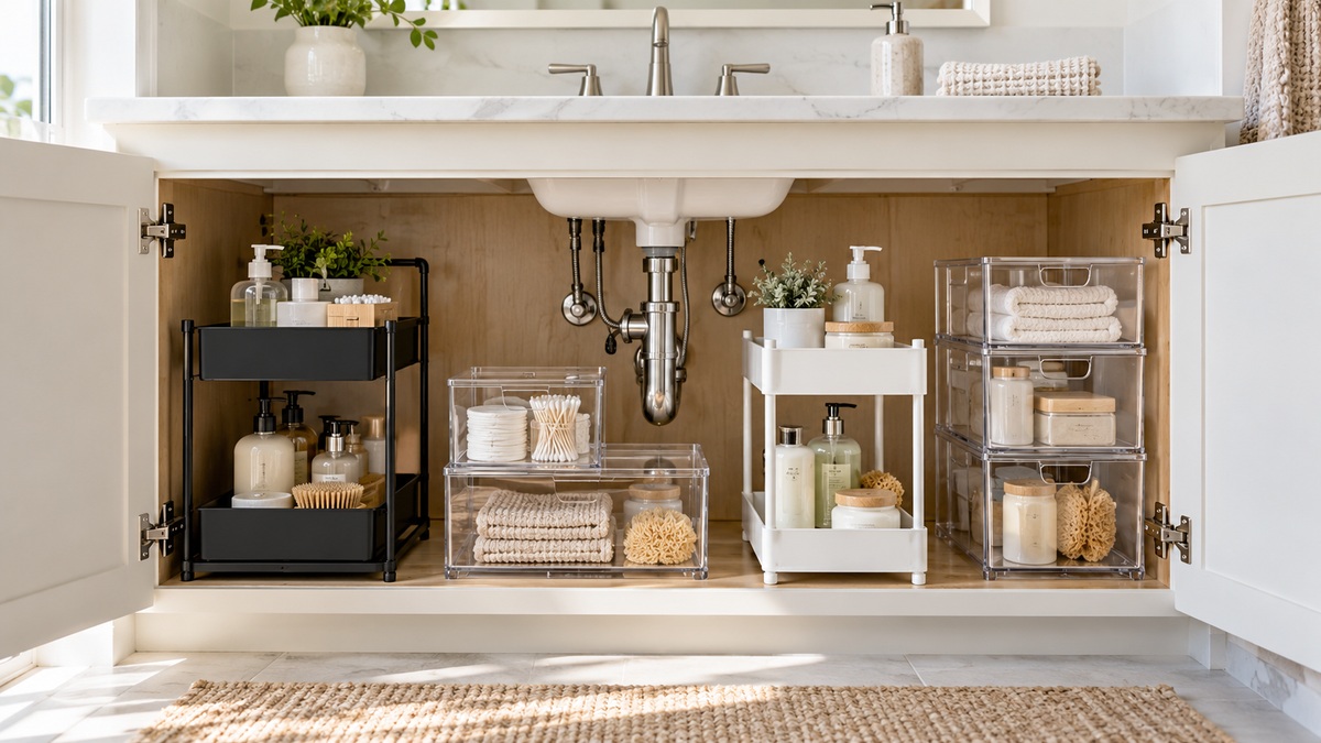 Several under-vanity organizers fit around the plumbing inside a bright bathroom cabinet.