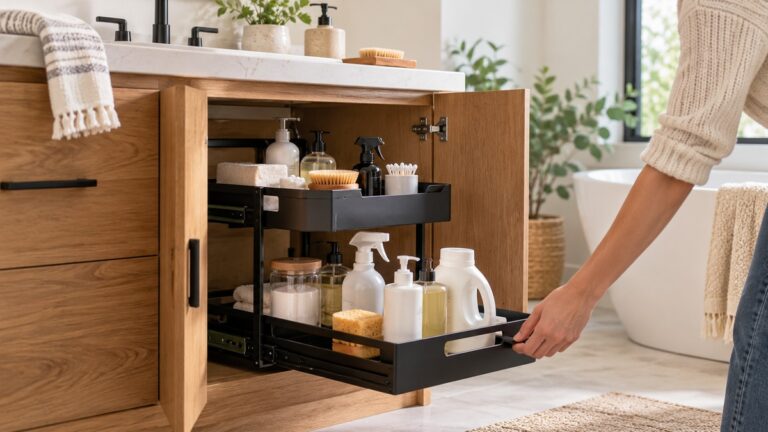 A two-tier organizer inside an open bathroom vanity.