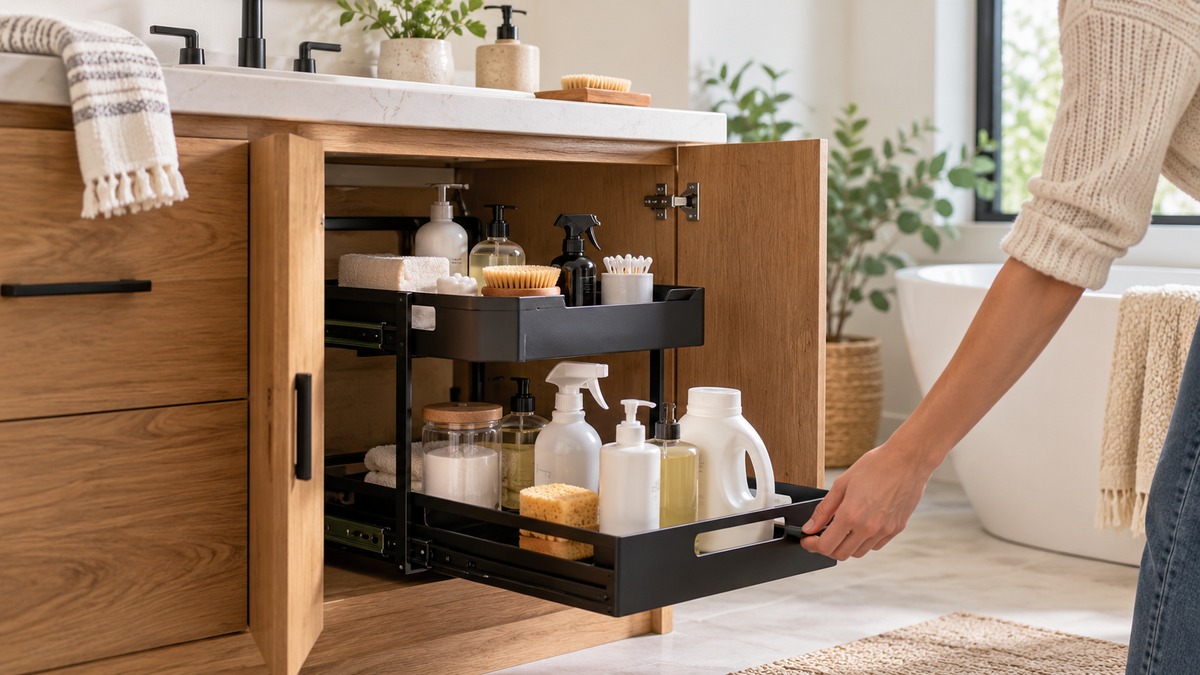 A two-tier organizer inside an open bathroom vanity.