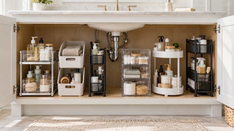 Six bathroom sink organizers are compared inside a bright vanity cabinet.