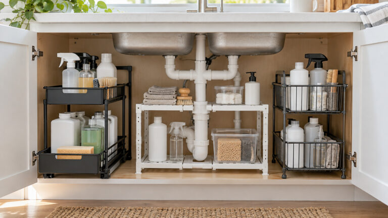 Sliding drawers, shelves, and baskets organized around under-sink plumbing.