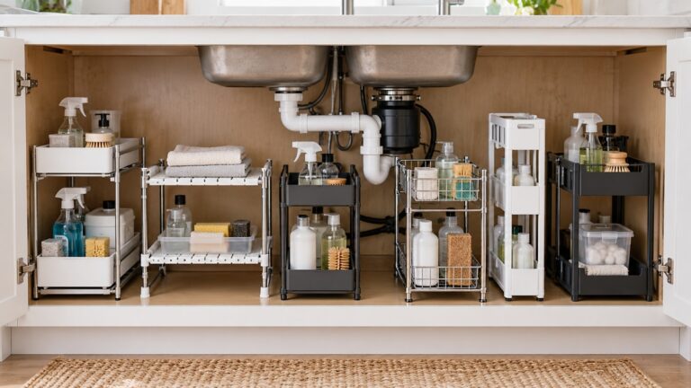 Six undersink shelf options are arranged around plumbing in a bright kitchen cabinet.