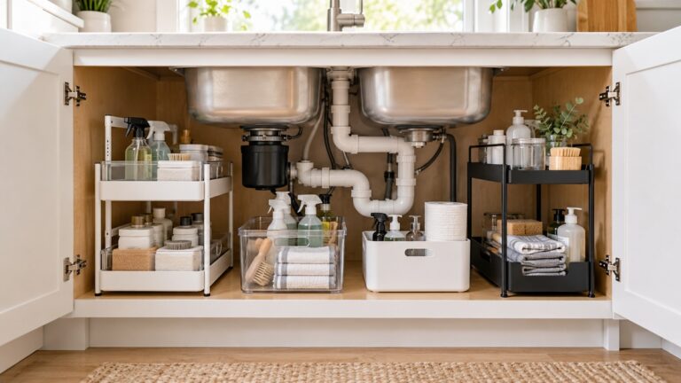 Several under-sink storage organizers are arranged neatly around plumbing in a bright kitchen cabinet.