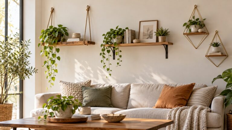 Rope-hung bracket and geometric wall shelves in a bright organized living room.