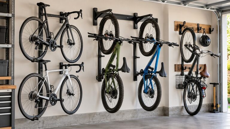 Wall-mounted garage bike racks holding several bicycles