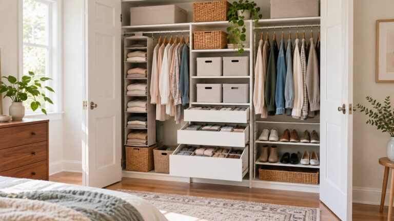 A tidy reach-in closet with hanging organizers, shoe boxes, and drawer dividers keeping clothes visible.