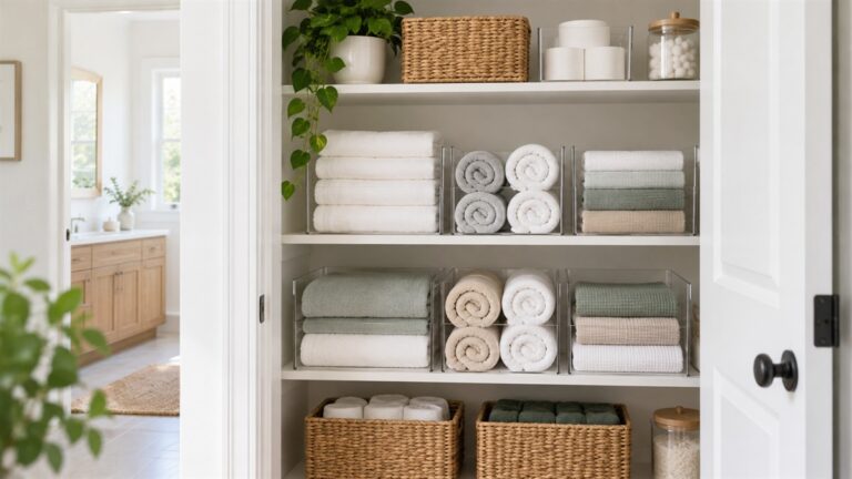 A tidy reach-in closet shelf with rolled and folded towels in clear organizers and dividers.