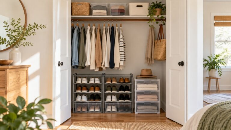 A small reach-in closet with low stackable shoe racks, bins, and clear organizers keeping pairs visible and off the floor.