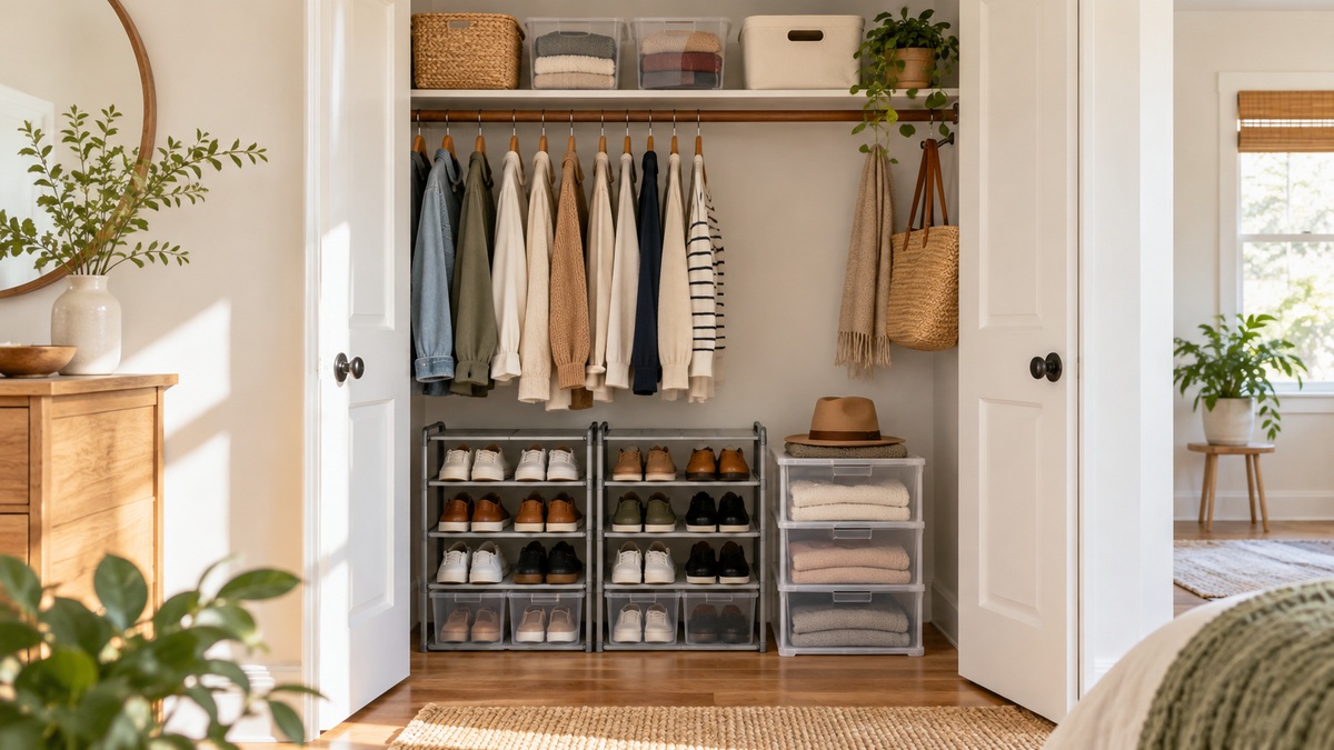 A small reach-in closet with low stackable shoe racks, bins, and clear organizers keeping pairs visible and off the floor.