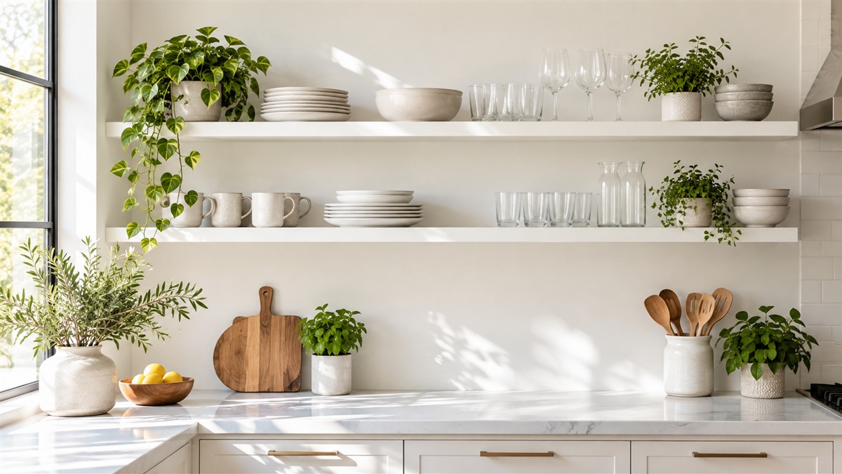 Two white floating kitchen shelves display dishes, glasses, and green plants.