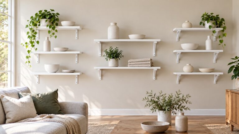 White wall shelves with several bracket styles arranged in a bright living room.