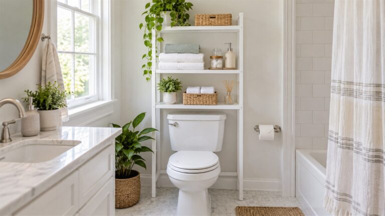 A white wood shelving unit with towels and baskets stands over a toilet.