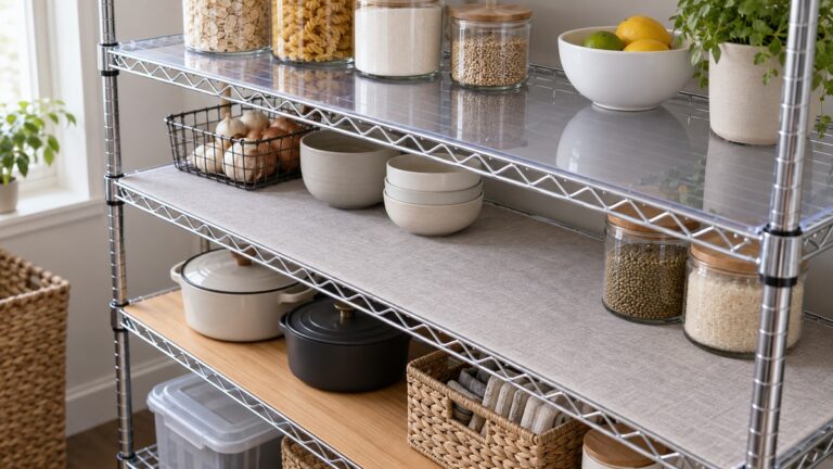 Wire shelving fitted with clear fabric and wood-look shelf covers