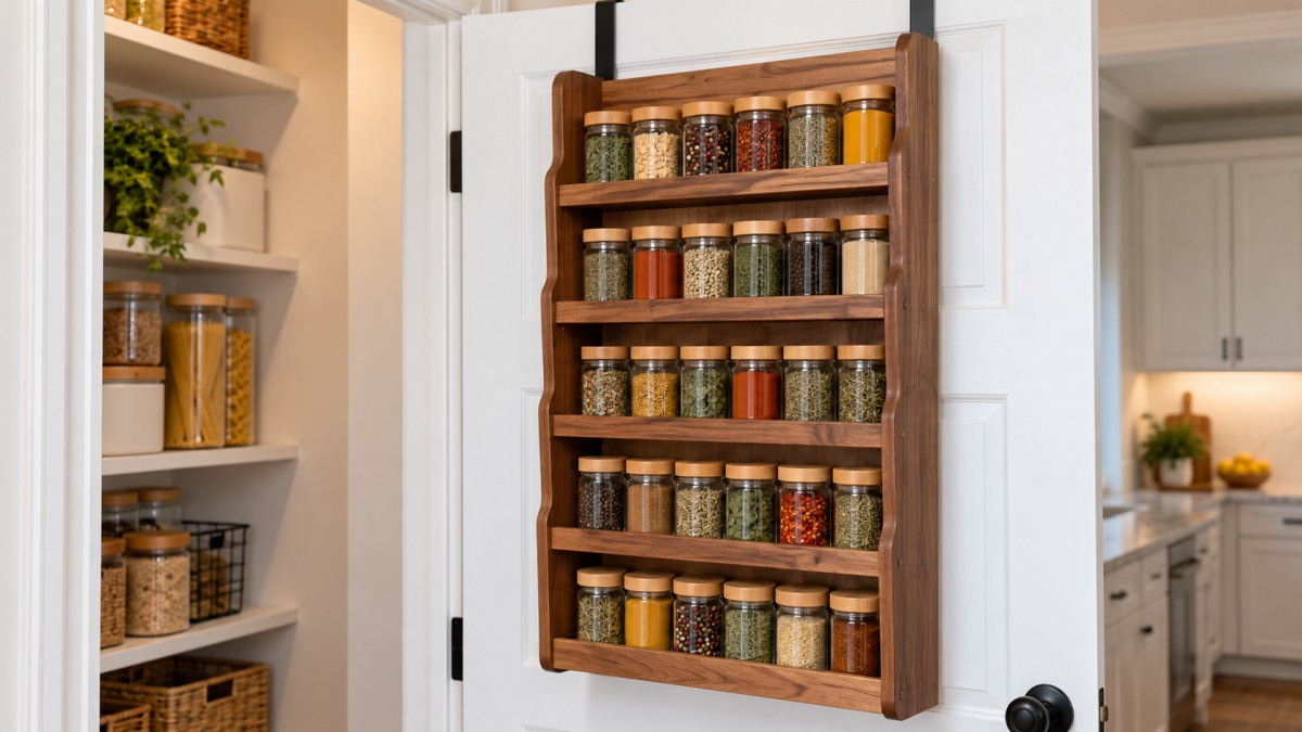 A wooden over-the-door spice rack with small glass jars on its baskets, hanging on the back of a white pantry door.