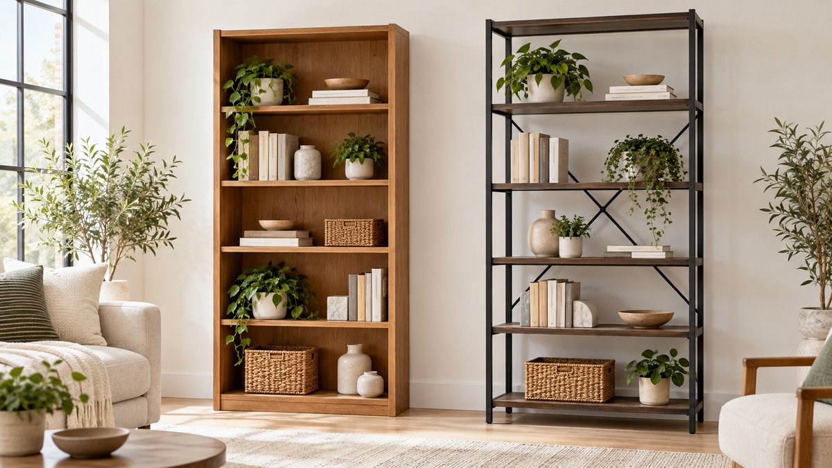 Two generic freestanding bookcases with different frames and shelf counts in a bright room.