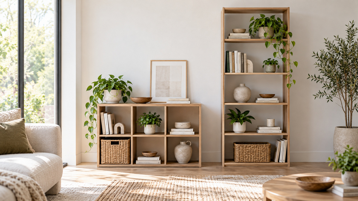 Side-by-side view of the Furinno and Sweetcrispy bookcases products on a neutral background, emphasizing visible differences in size and configuration.