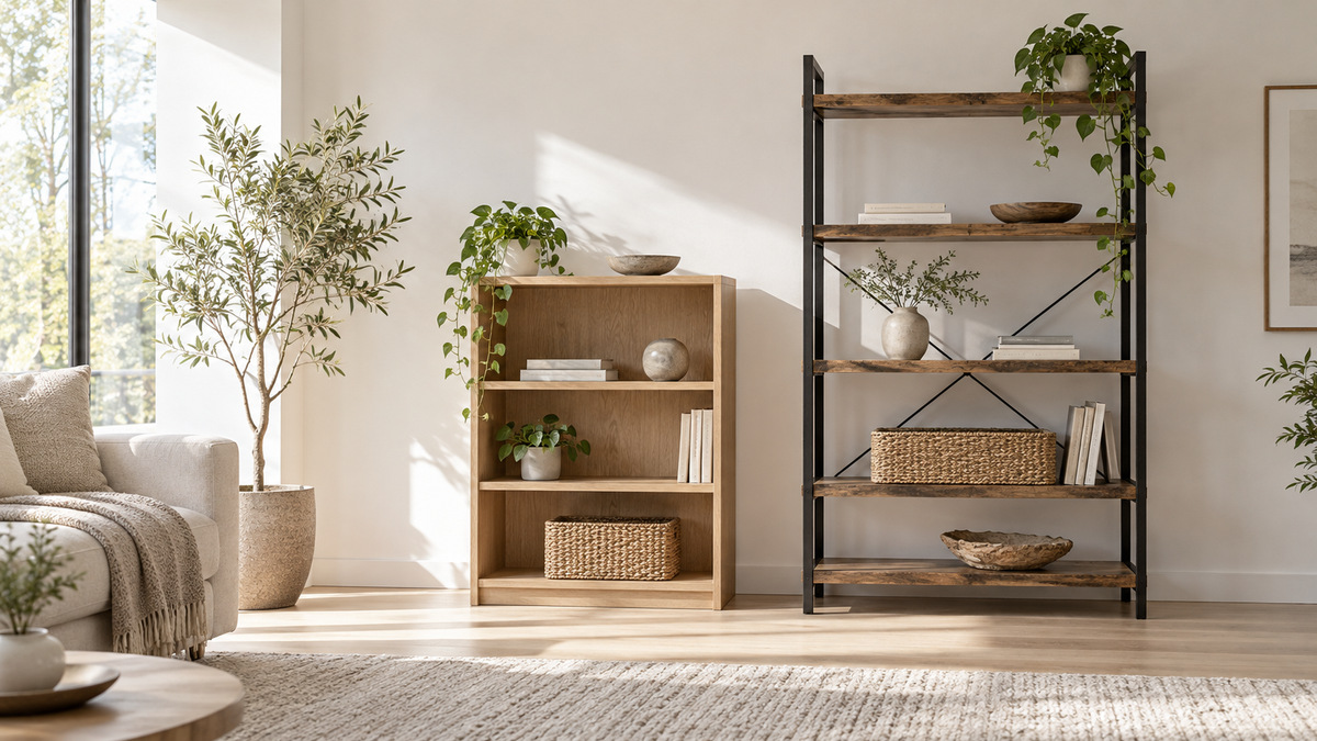 A clean editorial comparison scene showing generic bookcases furinno and vasagle options side by side.