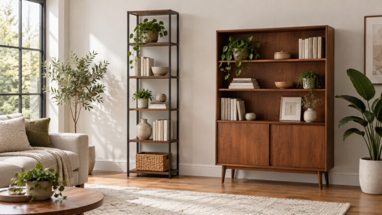 A tall open-frame bookcase beside a wider cabinet-style bookcase in a bright living room.