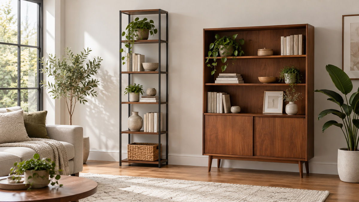 A tall open-frame bookcase beside a wider cabinet-style bookcase in a bright living room.