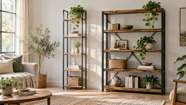 A slim open shelf and a wider industrial-style bookcase arranged side by side.