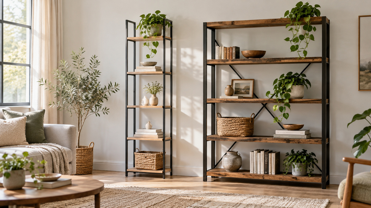 A slim open shelf and a wider industrial-style bookcase arranged side by side.