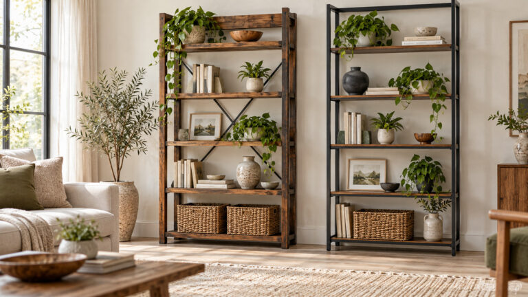 Editorial comparison scene featuring generic bookcases vasagle options in natural light.