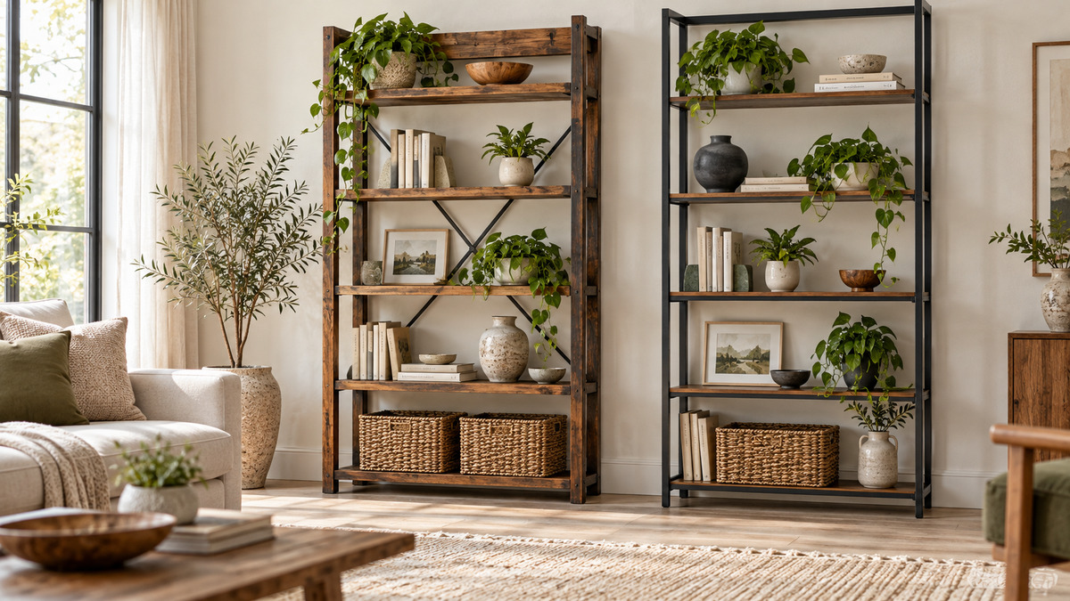 Editorial comparison scene featuring generic bookcases vasagle options in natural light.