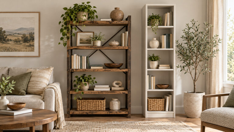 Two generic bookcases with different widths and shelf styles.