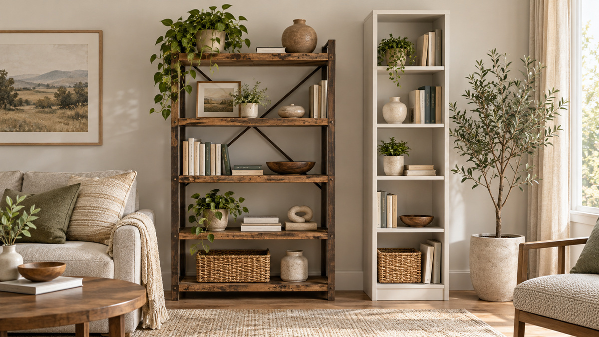Two generic bookcases with different widths and shelf styles.