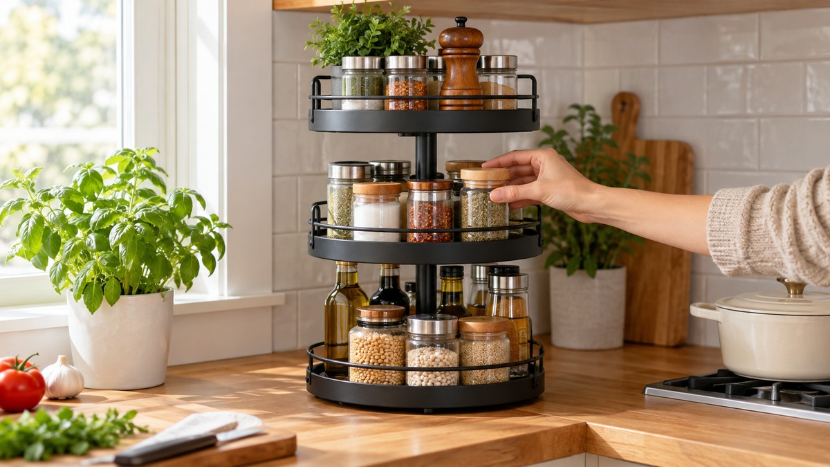 Three-tier metal lazy Susan organizer on a kitchen counter