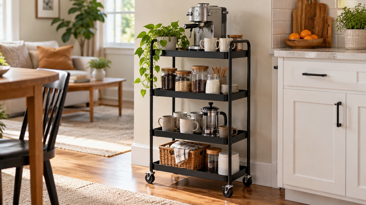 Four-tier rolling coffee cart in a bright kitchen