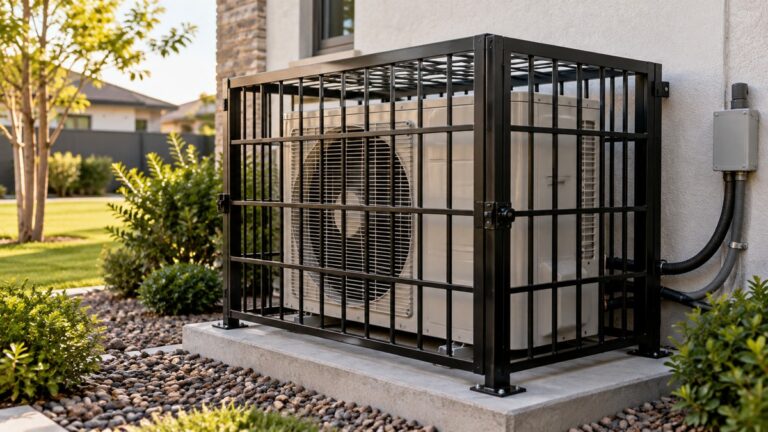 Outdoor air conditioner protected by a sturdy security cage