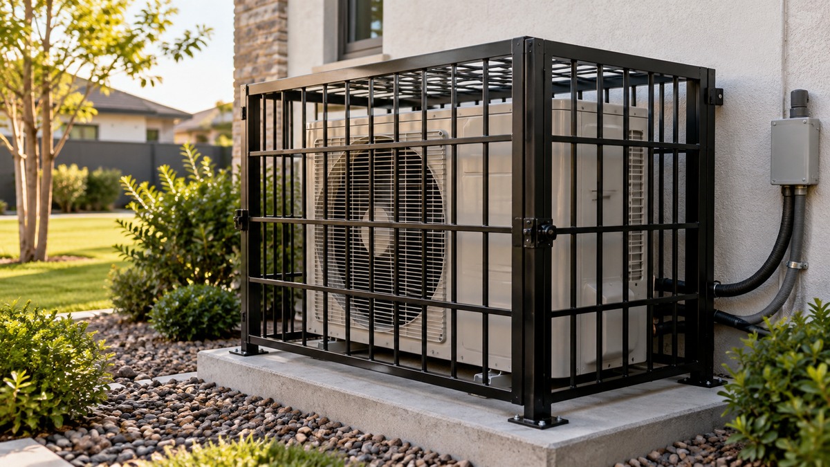 Outdoor air conditioner protected by a sturdy security cage