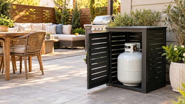 Outdoor propane tank secured in a ventilated storage cage