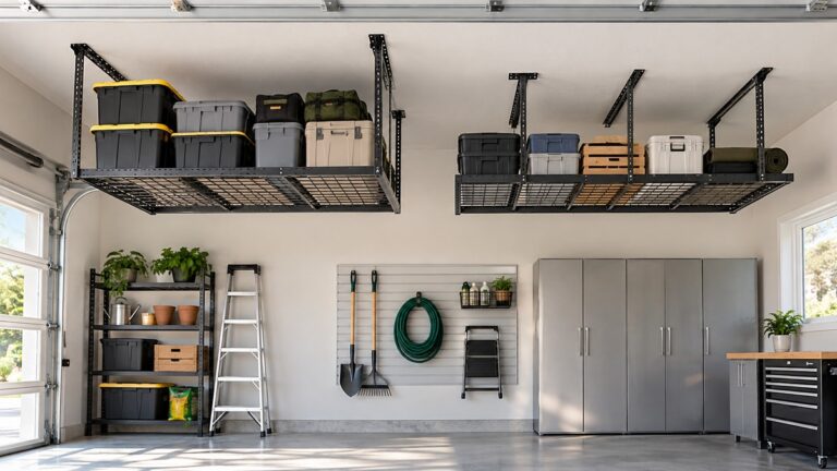Editorial comparison scene for ceiling mounted storage racks fleximounts versus hyloft.