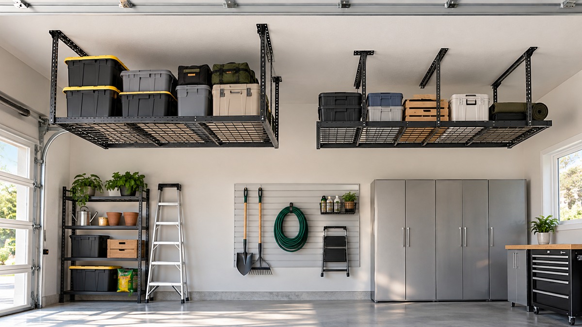 Editorial comparison scene for ceiling mounted storage racks fleximounts versus hyloft.