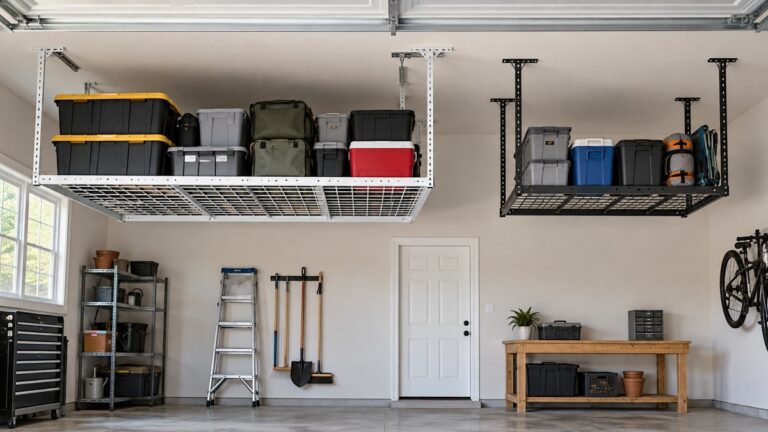 Side-by-side view of the FLEXIMOUNTS and IHDCIQ ceiling mounted storage racks products on a neutral background, emphasizing visible differences in size and configuration.
