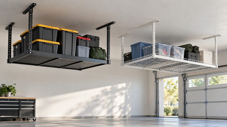 Two generic ceiling-mounted garage storage racks with different supports and deck designs.