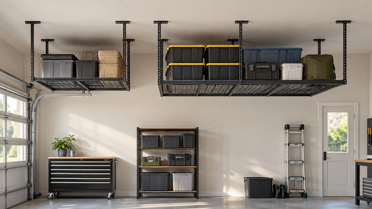 Side-by-side view of the FLEXIMOUNTS and MonsterRAX Storage Solutions ceiling mounted storage racks products on a neutral background, emphasizing visible differences in size and configuration.