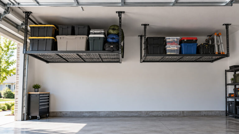 A clean editorial comparison scene showing generic ceiling mounted storage racks fleximounts and storeyourboard options side by side.